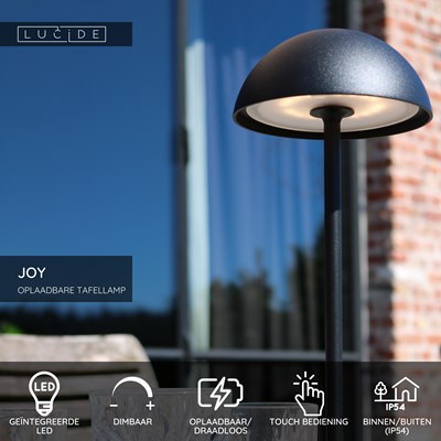 Lucide JOY - Oplaadbare Tafellamp Binnen/Buiten - Accu/Batterij - Ø 12 cm - LED Dimb. - 1x1,5W 3000K - IP54 - Zwart